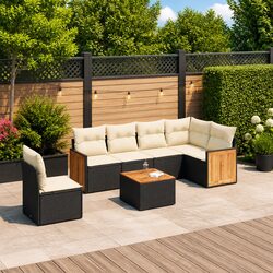 7 Piece Outdoor Garden Sofa Set with Cushions Black Poly Rattan Patio Furniture