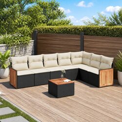 Outdoor Garden Sofa Set 8 Piece Black Poly Rattan Patio Furniture with Cushions