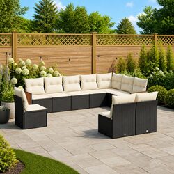 Garden Sofa Set 10 Piece Outdoor Furniture Patio Black Poly Rattan with Cushions