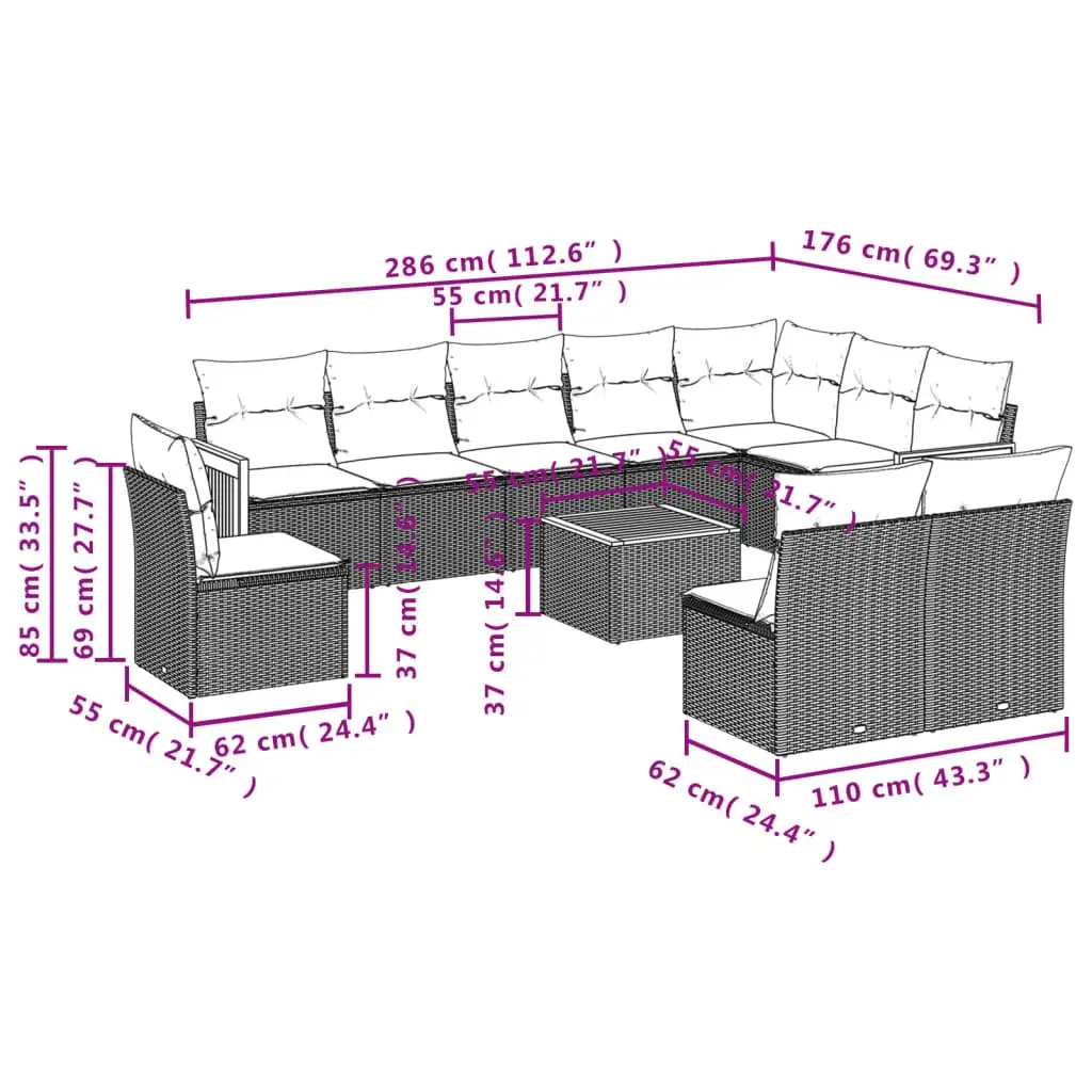 Outdoor Garden Sofa Set 11 Piece Modular Beige PE Rattan with Cushions and Acacia Wood Tabletop