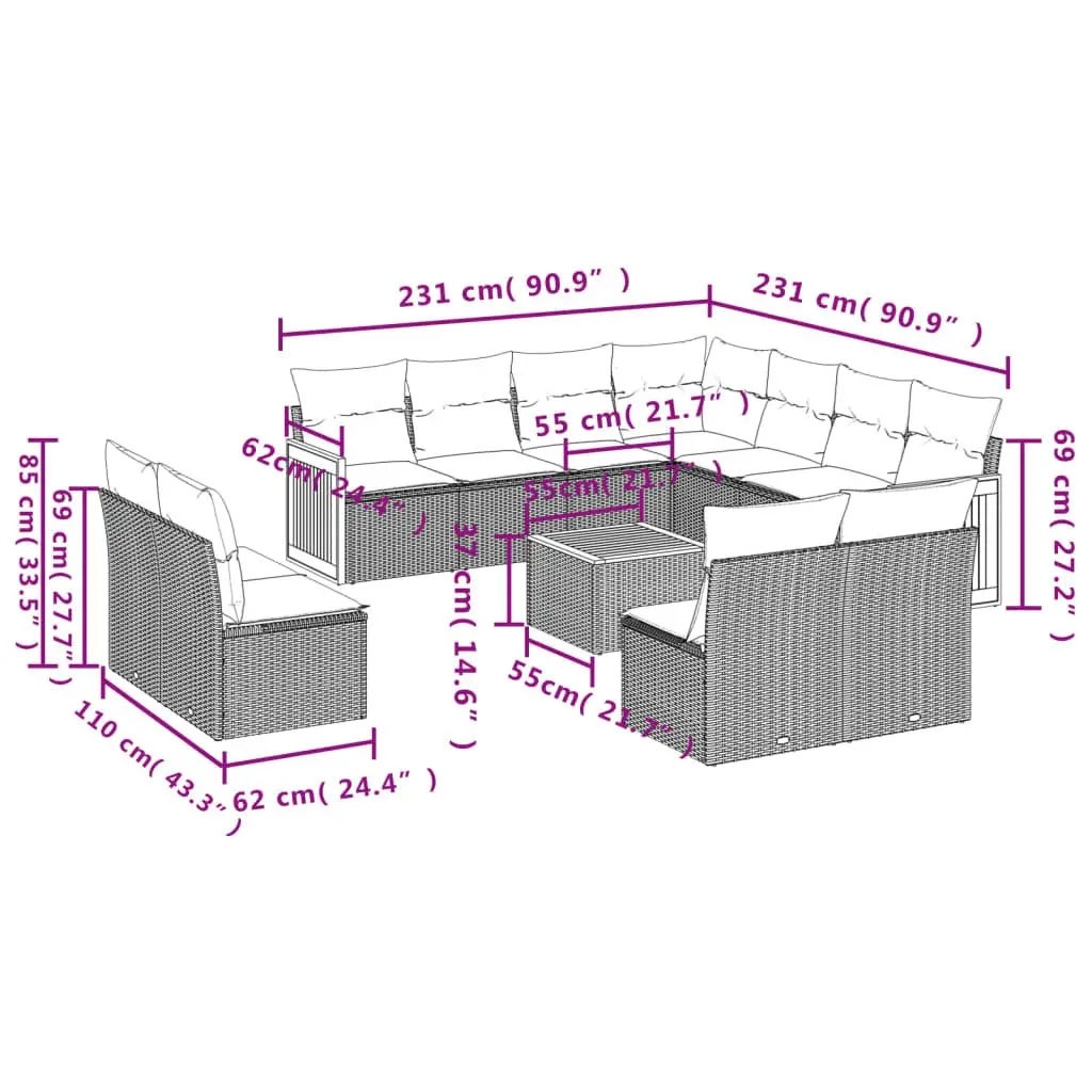 12 Piece Outdoor Garden Sofa Set Patio Furniture Grey Rattan Modular Lounge