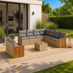 Garden Sofa Set 10 Piece Outdoor Furniture Beige Patio Seating with Cushions