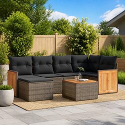7 Piece Outdoor Garden Sofa Set with Cushions Grey Rattan Patio Furniture