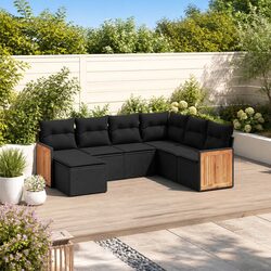 7 Piece Outdoor Garden Sofa Set Black Poly Rattan Patio Furniture with Cushions
