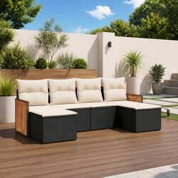 6 Piece Garden Sofa Set with Cushions Black Poly Rattan Patio Furniture