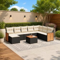 Garden Sofa Set 9 Piece Outdoor Furniture Patio Black Rattan with Cushions