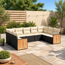 Garden Sofa Set 9 Piece Outdoor Furniture Patio Black Poly Rattan Cushions