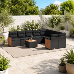 10 Piece Outdoor Garden Sofa Set with Cushions Black Poly Rattan Patio Furniture