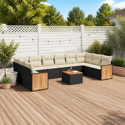 11 Piece Outdoor Garden Sofa Set Black Poly Rattan Patio Furniture with Cushions