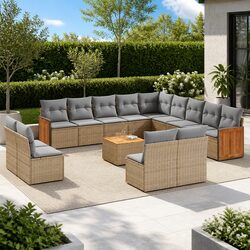 Garden Sofa Set 14 Piece Outdoor Patio Furniture Beige Poly Rattan with Cushions