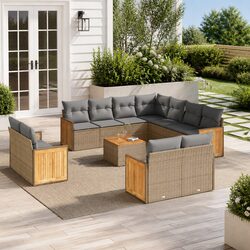 Garden Sofa Set 12 Piece Outdoor Furniture Beige Poly Rattan Patio Modular