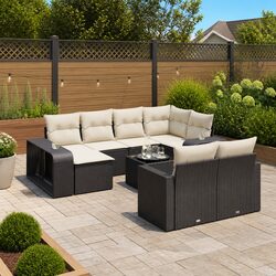 11 Piece Outdoor Garden Sofa Set Black Poly Rattan Patio Furniture with Cushions
