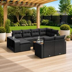 11 Piece Outdoor Garden Sofa Set Black Poly Rattan Furniture Patio Lounge