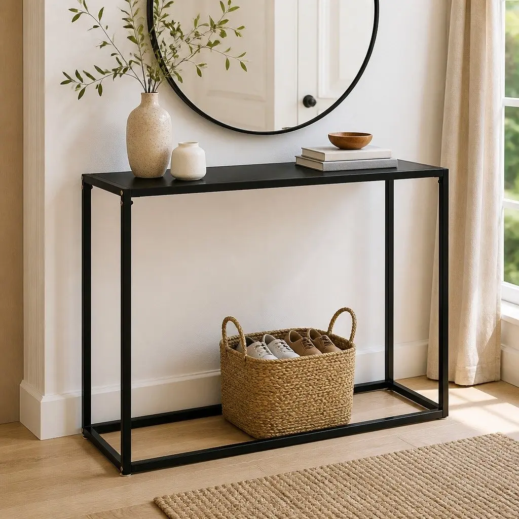 Console Table Modern Tempered Glass Steel Black 100cm Width 35cm Depth 75cm Height