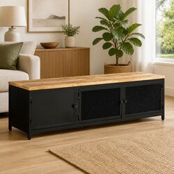 TV Cabinet 130x30x37 cm Industrial Lowboard Storage Unit Black Mango Wood