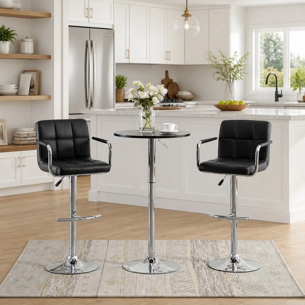 Bar Stools Set 2 pcs Adjustable Height Black Faux Leather