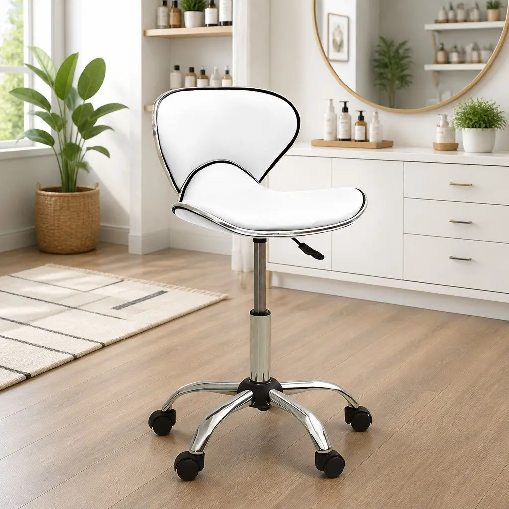 Salon Spa Stool Height Adjustable Swivel Chair White Faux Leather
