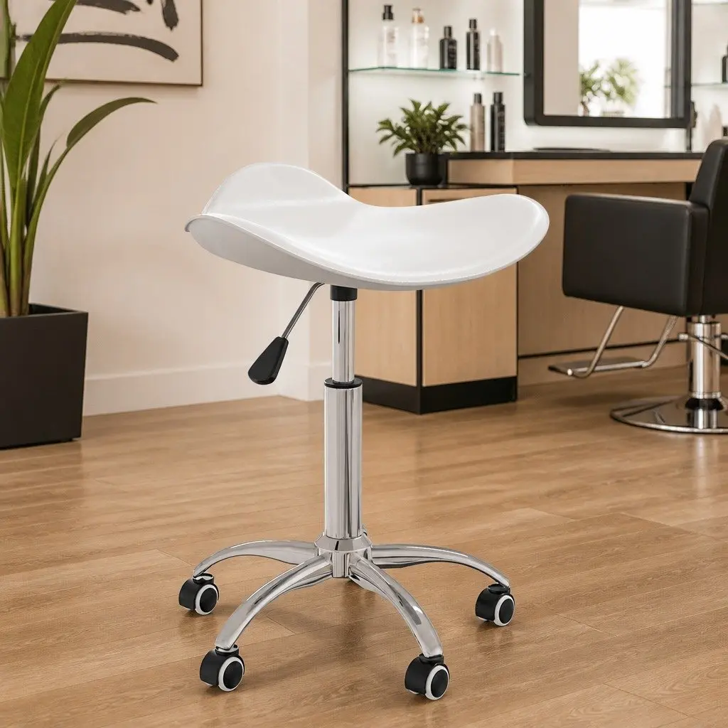 Salon Spa Stool Height Adjustable Swivel Rolling Chair White Faux Leather