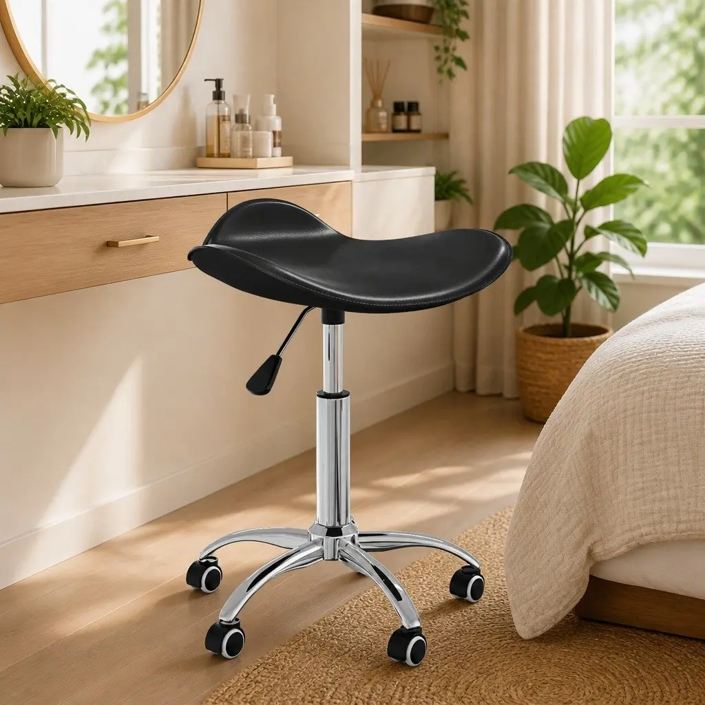 Salon Spa Stool Height Adjustable Black Faux Leather Swivel Chair with Five Wheels