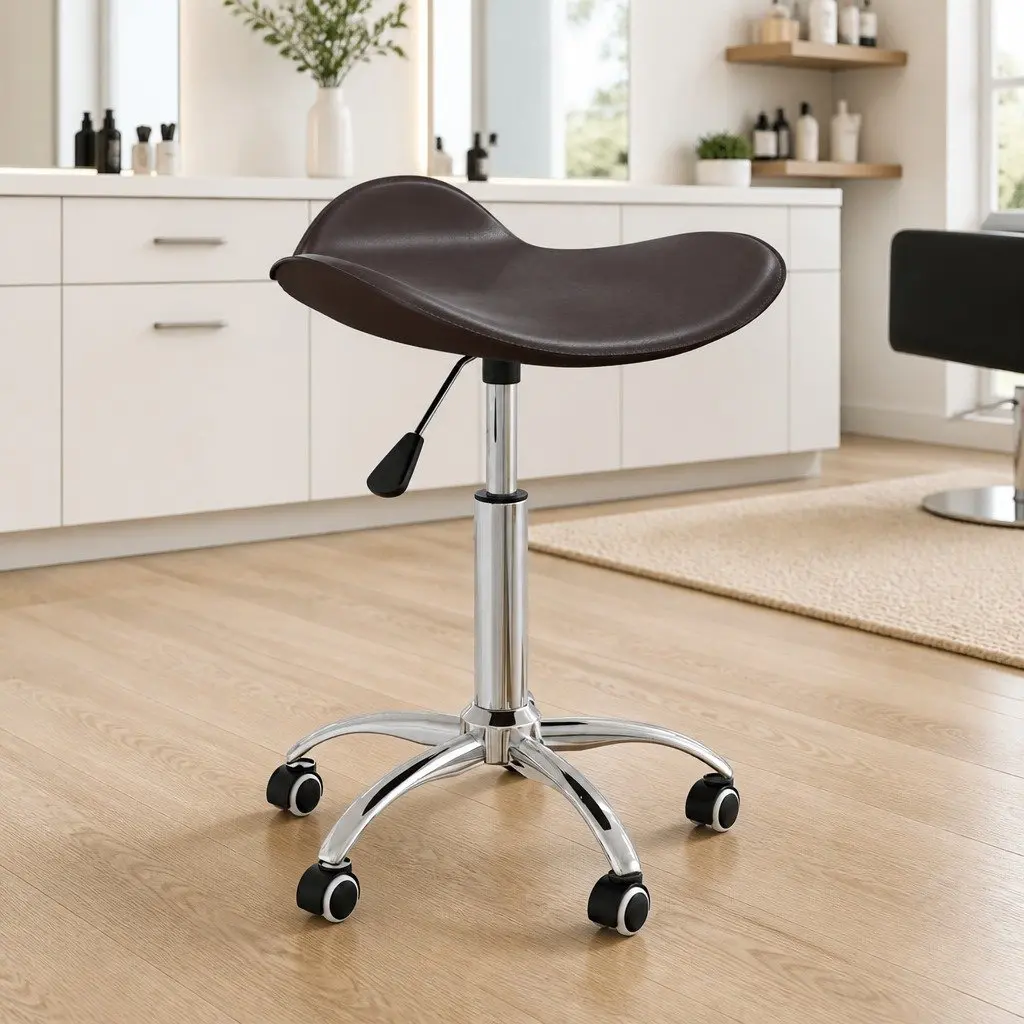 Salon Spa Stool Height Adjustable 360-Degree Swivel Brown Faux Leather