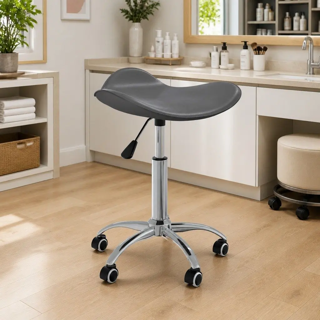 Salon Spa Stool Height Adjustable Swivel Grey Faux Leather
