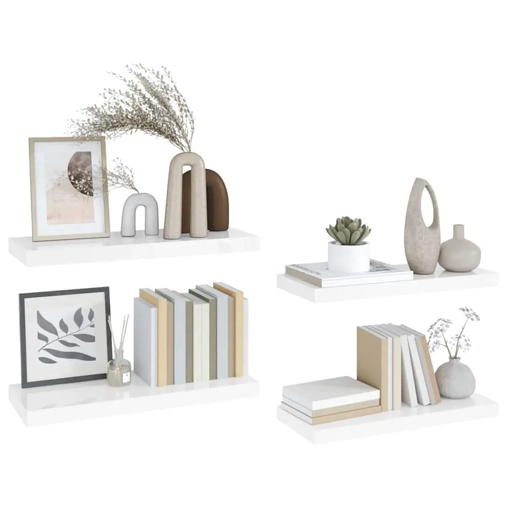 Floating Wall Shelves Invisible Mounting System 60 x 23.5 x 3.8 cm White High Gloss 4 Piece Display Rack Storage Ledge Home Decor