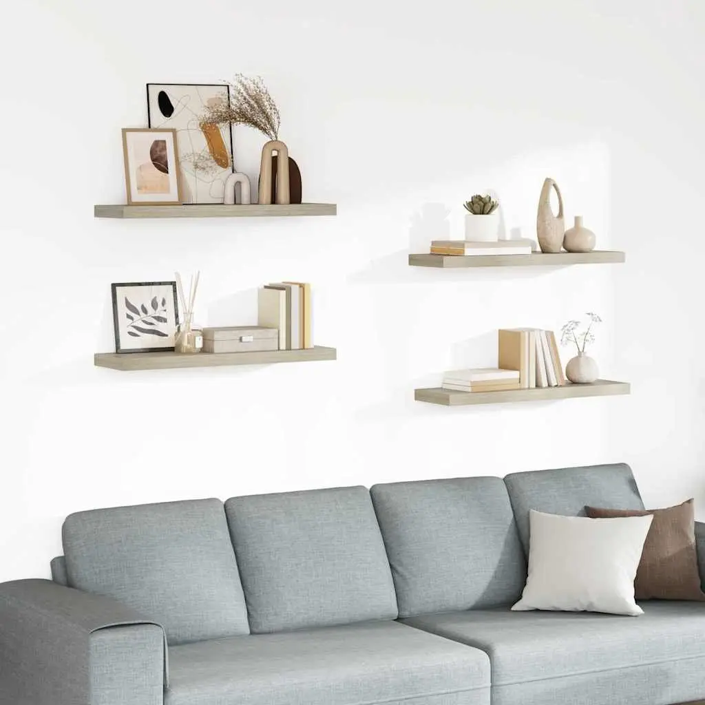 Floating Wall Shelves 4 Piece Set Oak Brown Honeycomb MDF Metal Frame Display Ledge