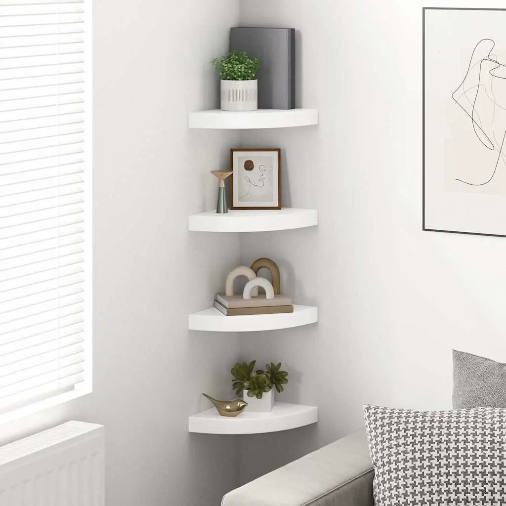 Floating Corner Shelves High Gloss White Wall Mount Display Storage 4 Piece