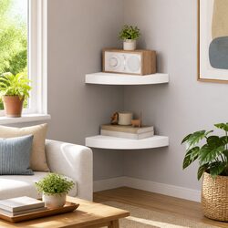 Floating Corner Wall Shelves 2 pc White Display Ledge Storage Organiser
