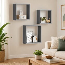 Wall Cube Shelves 3 Pieces Grey Storage Organiser Display Floating Corner Unit