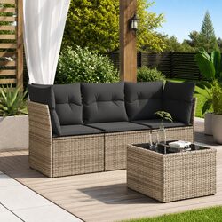 Garden Sofa Set 4 Piece Outdoor Furniture Grey Poly Rattan with Storage Cushions