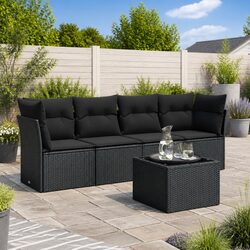 5 Piece Garden Sofa Set Outdoor Furniture Black Poly Rattan with Cushions