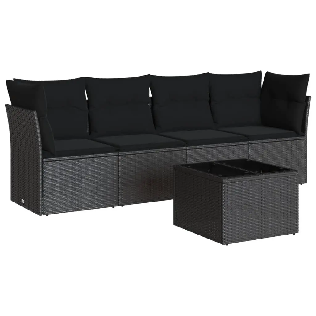 5 Piece Garden Sofa Set Outdoor Furniture Black Poly Rattan with Cushions