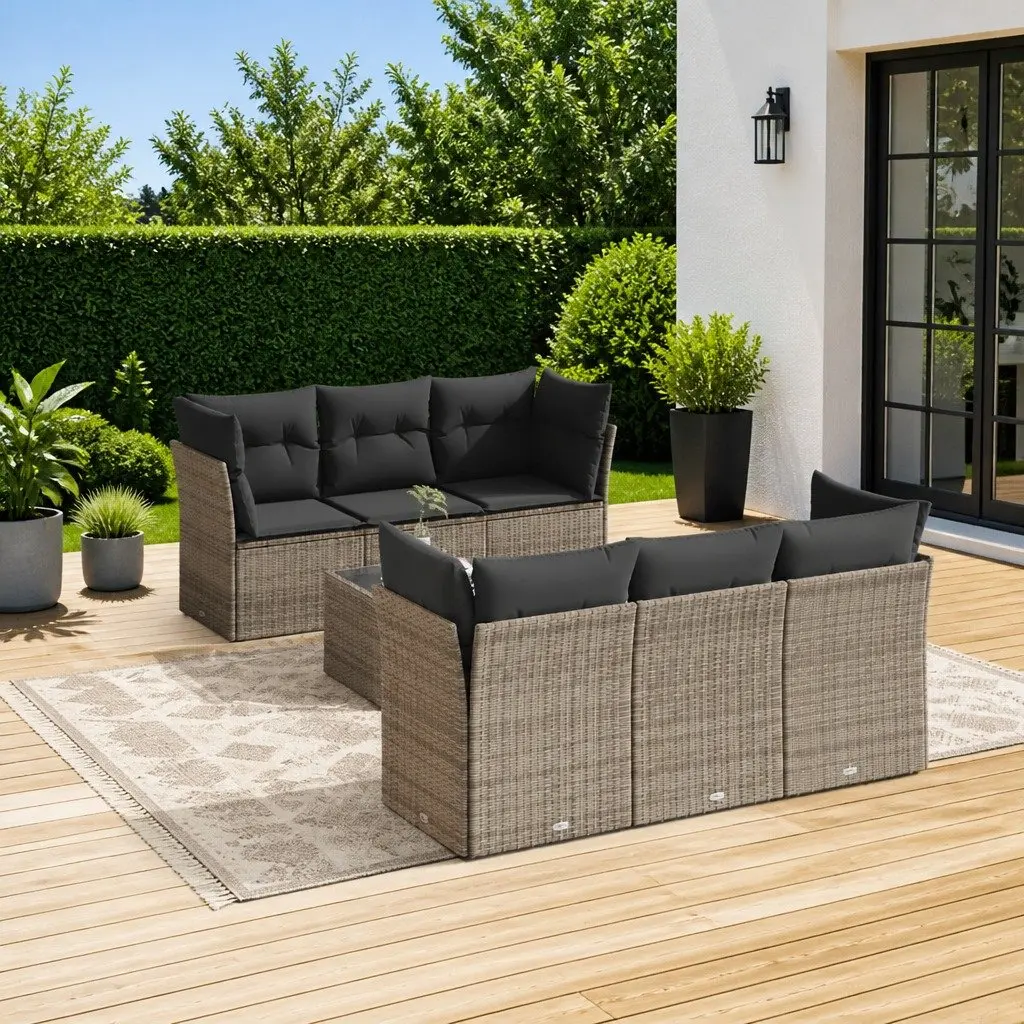 7 Piece Garden Sofa Set Grey Outdoor Furniture Patio Lounge Rattan with Cushions