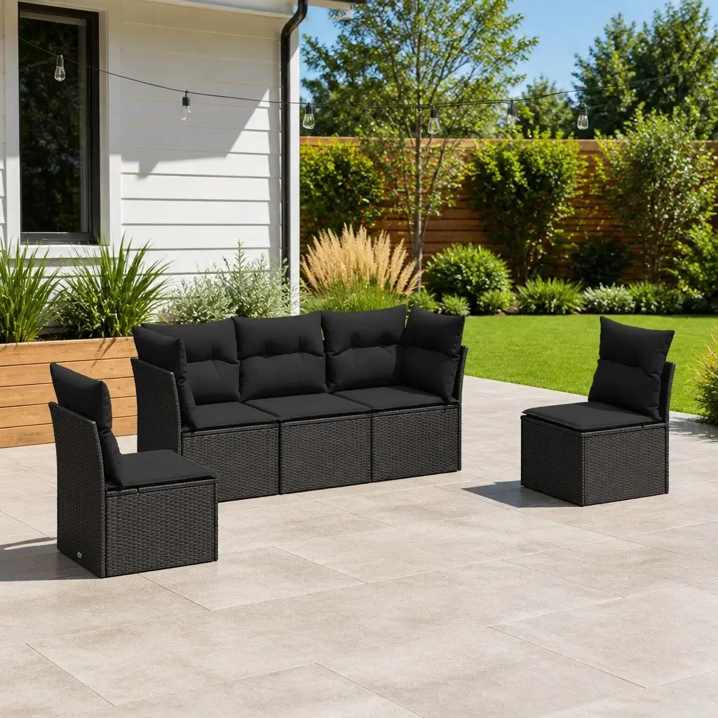 Outdoor Garden Sofa Set 5 Piece Black Poly Rattan Patio Furniture with Cushions