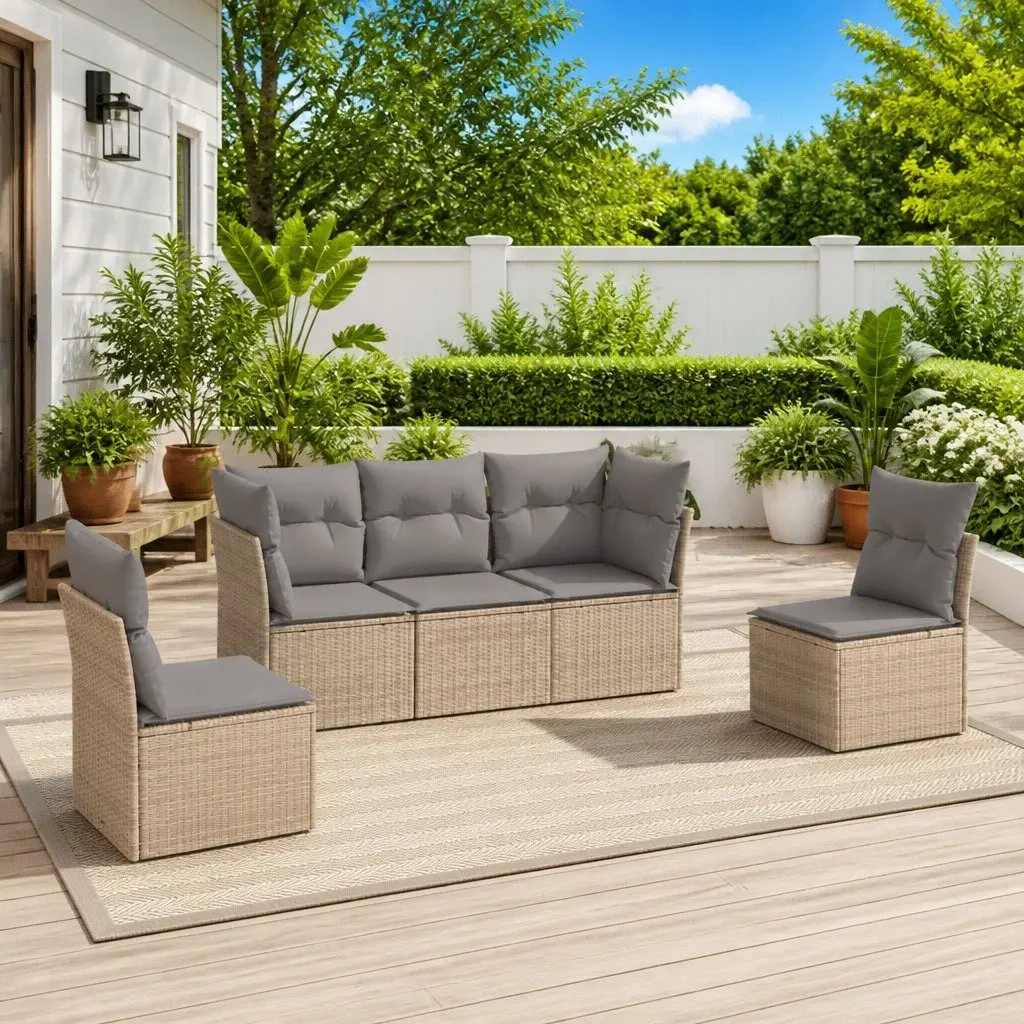 5 Piece Garden Sofa Set Beige Outdoor Furniture Patio Sectional with Cushions
