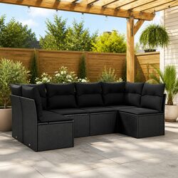 Garden Sofa Set 6 Piece Outdoor Furniture Black Poly Rattan Patio Seating