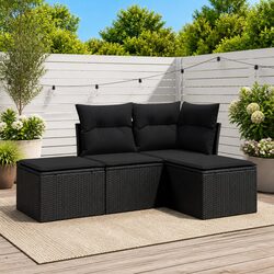 Garden Sofa Set 4 Piece Outdoor Furniture Black Poly Rattan Patio Lounge with