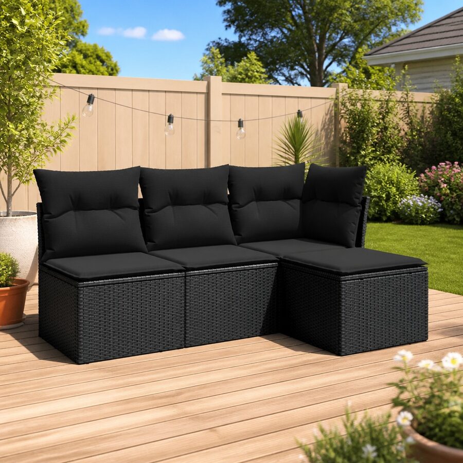 4 Piece Garden Sofa Set Black Poly Rattan Outdoor Furniture Patio Lounge Chairs
