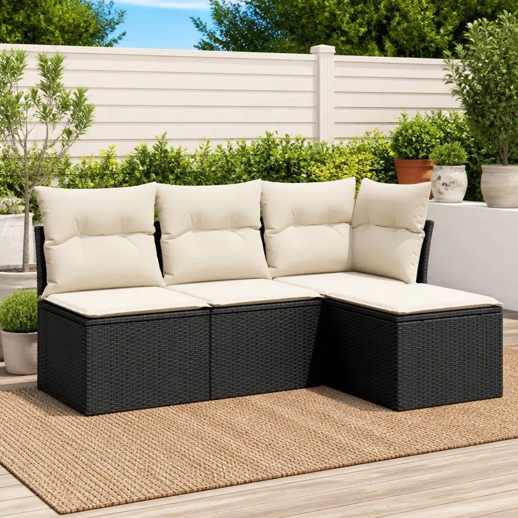 4 Piece Outdoor Garden Sofa Set with Storage Cushions Black Poly Rattan Patio