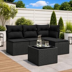 5 Piece Garden Sofa Set with Cushions Black Outdoor Furniture Patio Rattan