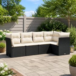 Outdoor Garden Sofa Set 5 Piece Black Poly Rattan Patio Furniture with Cushions