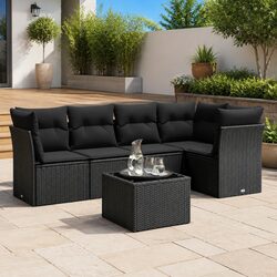 Garden Sofa Set 6 Piece Outdoor Furniture Black Poly Rattan Patio Seating with