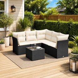 Garden Sofa Set 6 Piece Outdoor Furniture Black Poly Rattan Modular Patio
