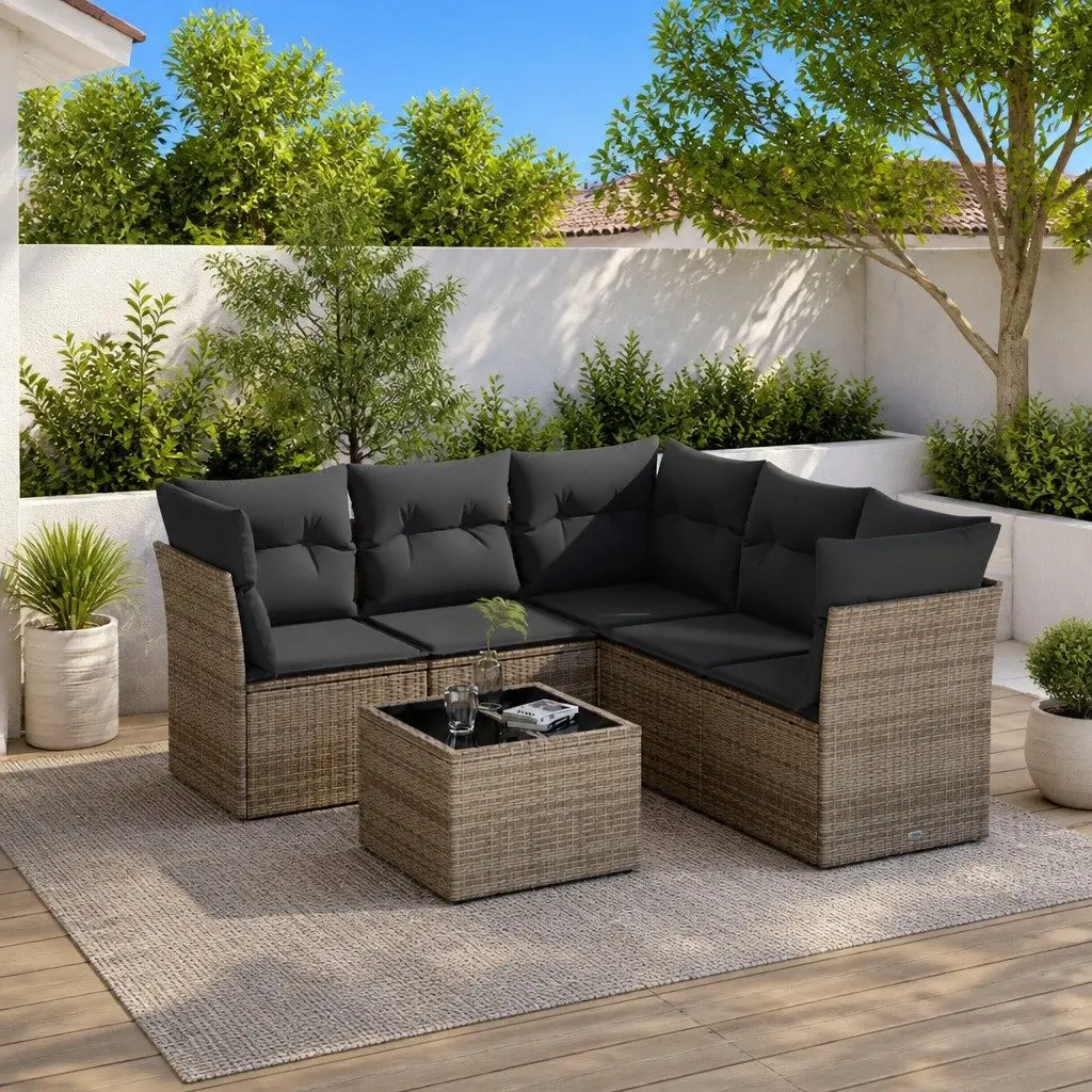 6 Piece Garden Sofa Set Grey PE Rattan Outdoor Furniture with Cushions and Tempered Glass Table