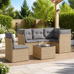 Garden Sofa Set 6 Piece Outdoor Furniture Beige Poly Rattan Patio Lounge with