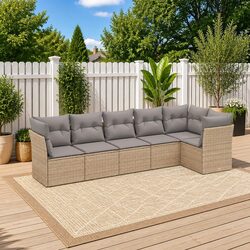 Garden Sofa Set 6 Piece Outdoor Furniture Beige Poly Rattan Patio Seating with