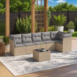 Outdoor Garden Sofa Set 7 Piece Beige Poly Rattan Patio Furniture with Storage