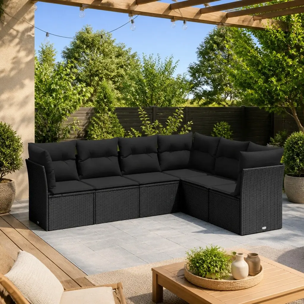 6 Piece Garden Sofa Set Black Poly Rattan Outdoor Furniture with Cushions