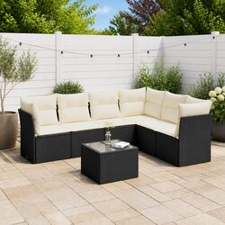 7 Piece Outdoor Garden Sofa Set Black Poly Rattan Patio Furniture with Cushions